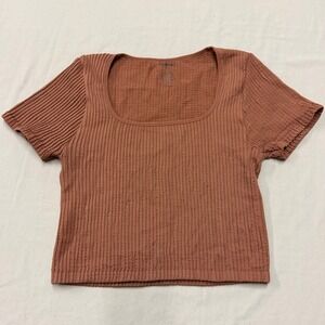 FRESHWEAR M/L Ribbed Cropped Square Neck Short Sleeve Top Rust Orange Textured